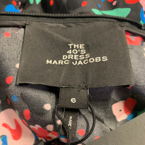 MARC JACOBS Size 6 Black Multi-Color Satin Floral Long Sleeve Knee-Length Dress