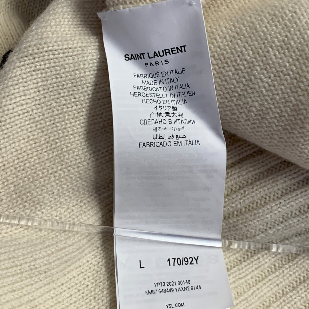 SAINT LAURENT Size L Cream Black Cashmere Contrast Trim Cardigan