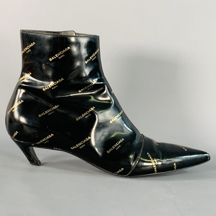 BALENCIAGA Size 8 Black Gold Logo Patent Leather Ankle Kitten Heel Boots