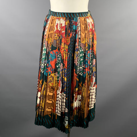 HERMES Size 12 Vintage Etendards Et Bannieres Silk Pleated Skirt
