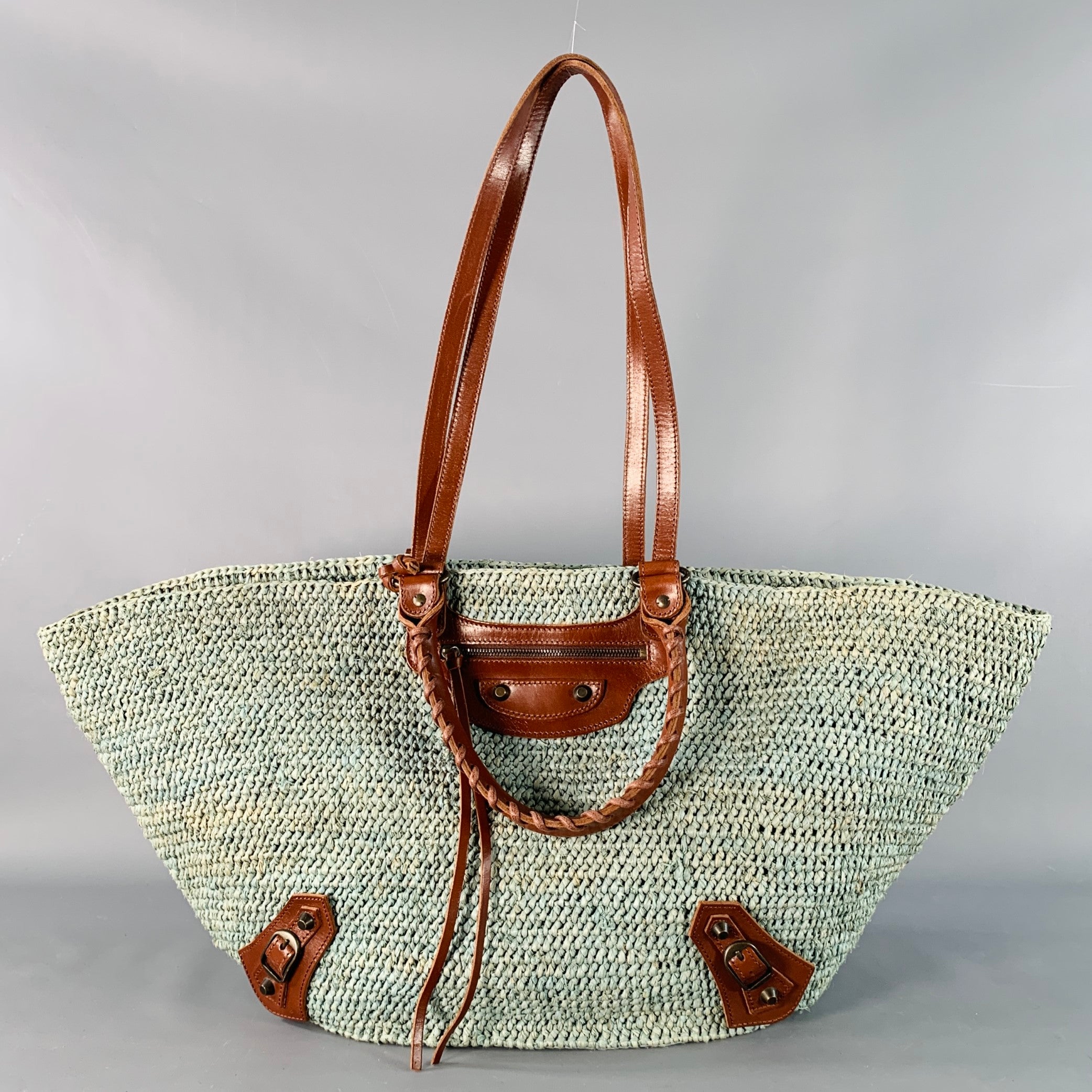 BALENCIAGA Green Brown Woven Raffia Oversized Tote Handbag – Sui
