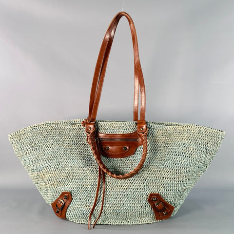 BALENCIAGA Green Brown Woven Raffia Oversized Tote Handbag