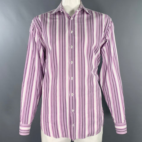BUGATCHI UOMO Size XXL Purple White Stripe Cotton Long Sleeve Shirt