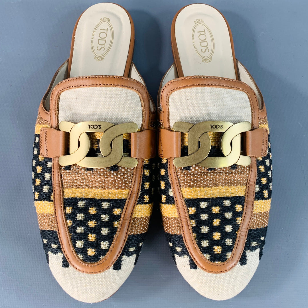 TOD'S Size 11 Tan Multi Color Canvas Abstract Chain Buckle Slip On Flats
