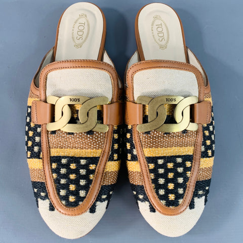 TOD'S Size 11 Tan Multi Color Canvas Abstract Chain Buckle Slip On Flats