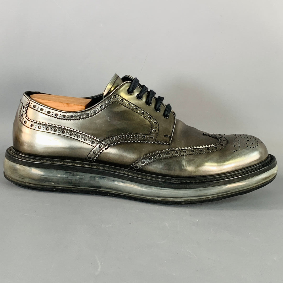 PRADA Size 9 Silver Metallic Perforated Leather Wingtip Lace-Up Shoes