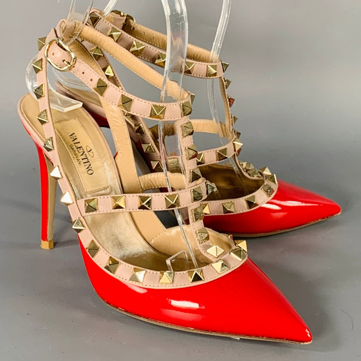 VALENTINO Size 4 Rockstud Red Nude Gold Studded T- Strap Pumps