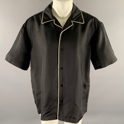 JIL SANDER Size M Black White Viscose Camp Short Sleeve Shirt