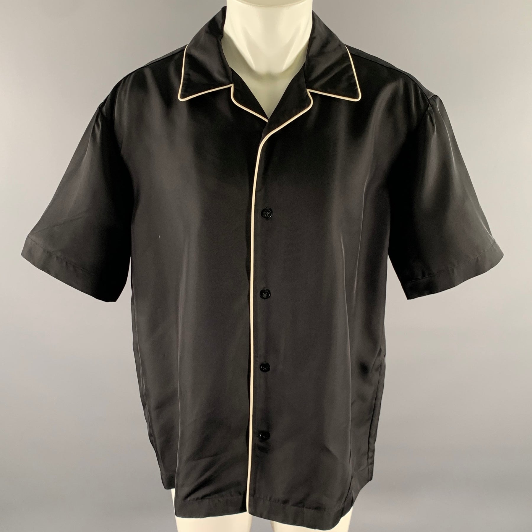 JIL SANDER Size M Black White Viscose Camp Short Sleeve Shirt
