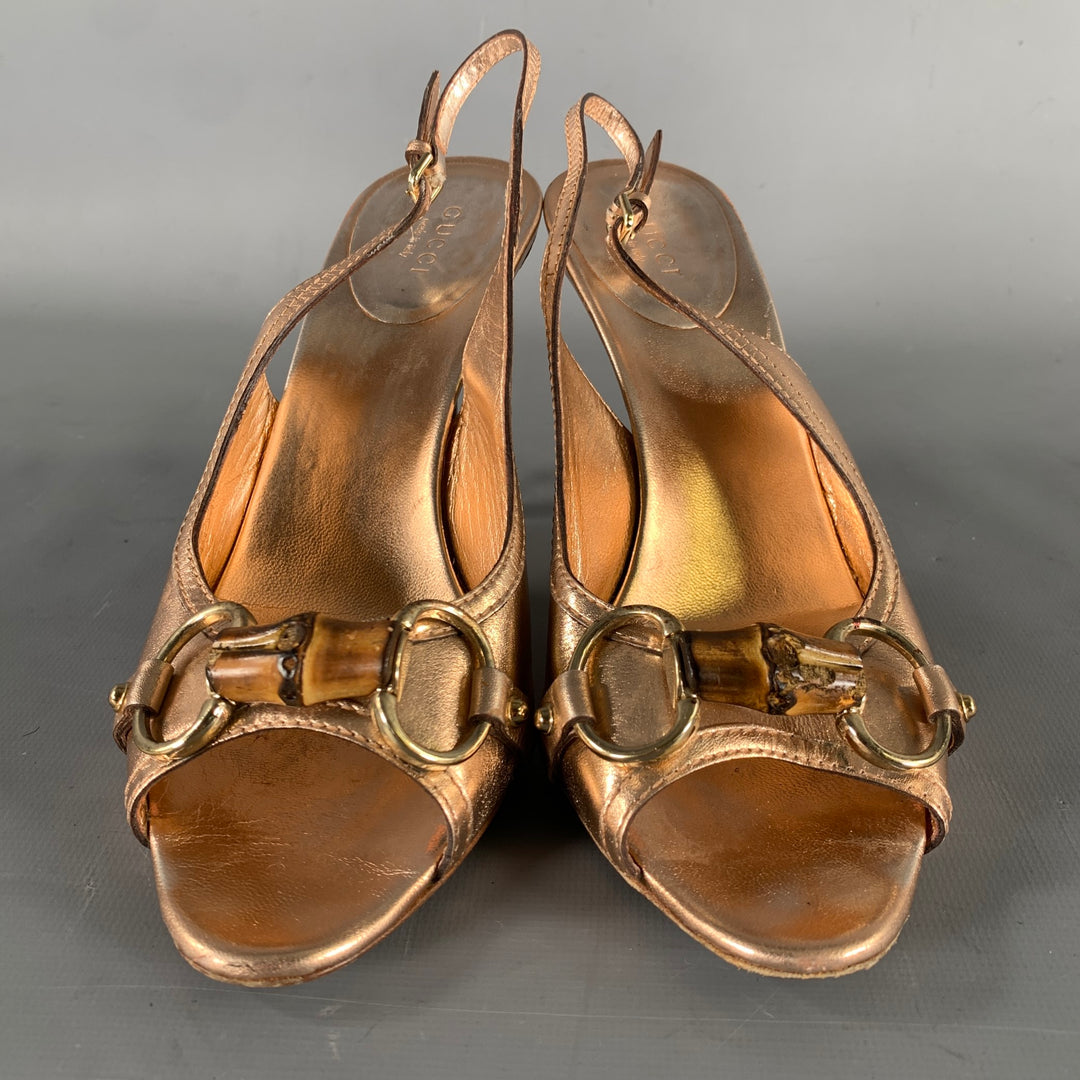 GUCCI Size 6.5 Gold Rose Metallic Ankle Strap Pumps