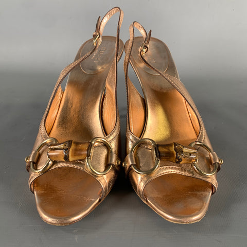GUCCI Size 6.5 Gold Rose Metallic Ankle Strap Pumps