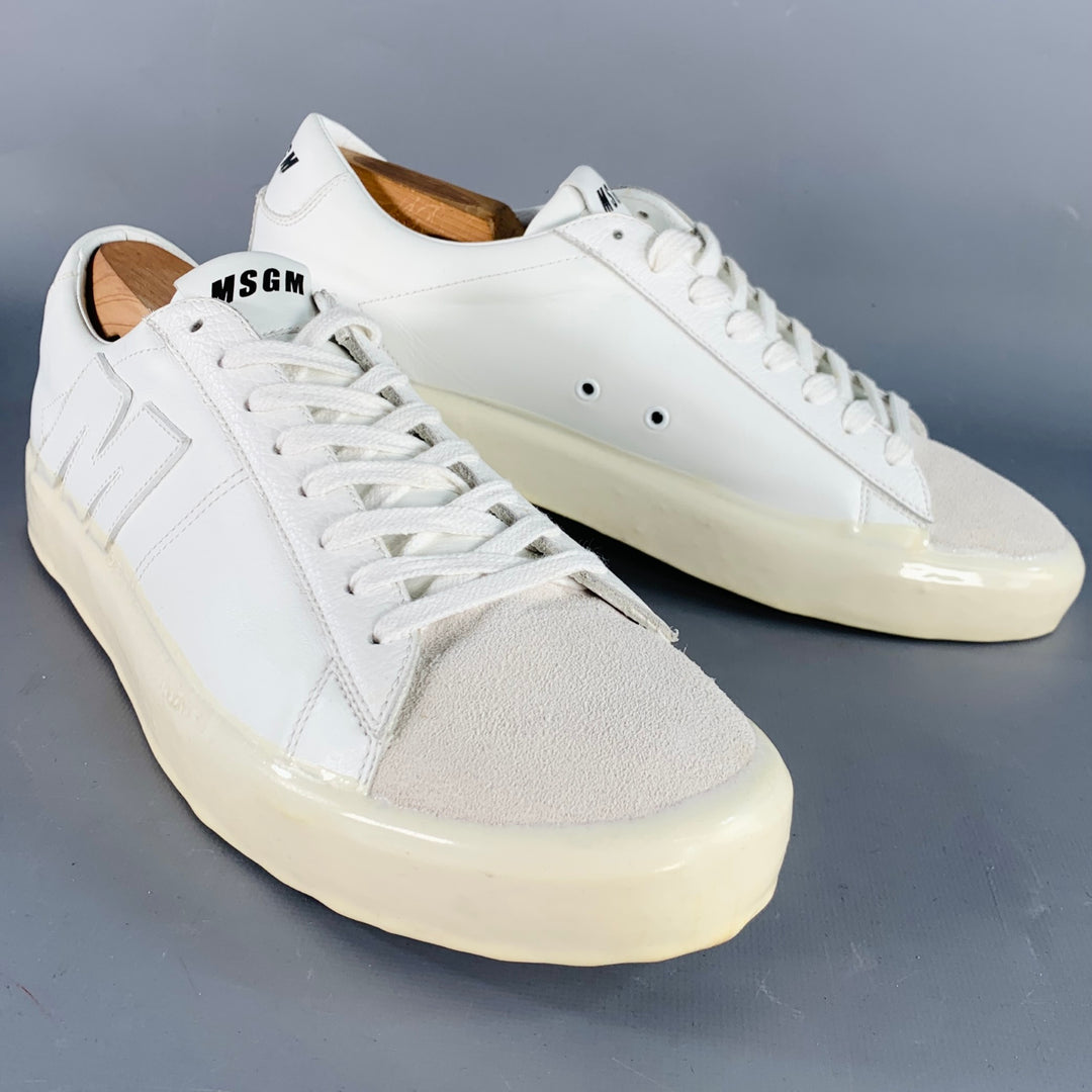 MSGM Size 8 White Leather Suede Trim Lace-Up Low Top Sneakers