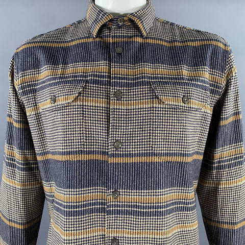 PENDLETON Size L Navy Tan Houndstooth Stripe Wool Long Sleeve Shirt