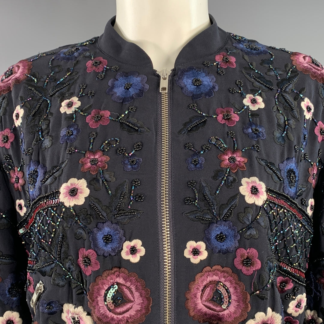 NEEDLE AND THREAD Size 4 Navy Burgundy White Embroidered Floral Bomber Jacket