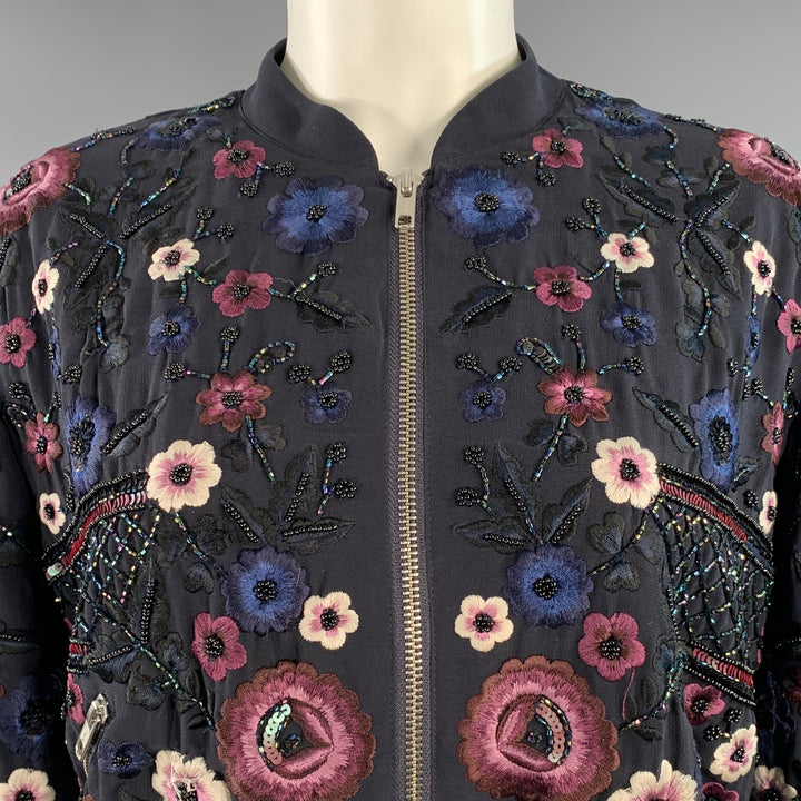 NEEDLE AND THREAD Size 4 Navy Burgundy White Embroidered Floral Bomber Jacket