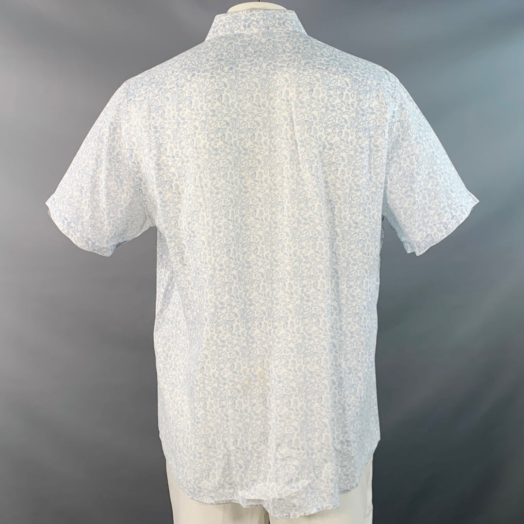 SAKS FIFTH AVENUE Size L White Blue Paisley Linen One Pocket Short Sleeve Shirt