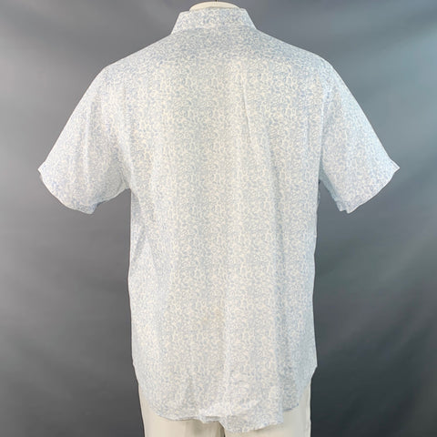 SAKS FIFTH AVENUE Size L White Blue Paisley Linen One Pocket Short Sleeve Shirt