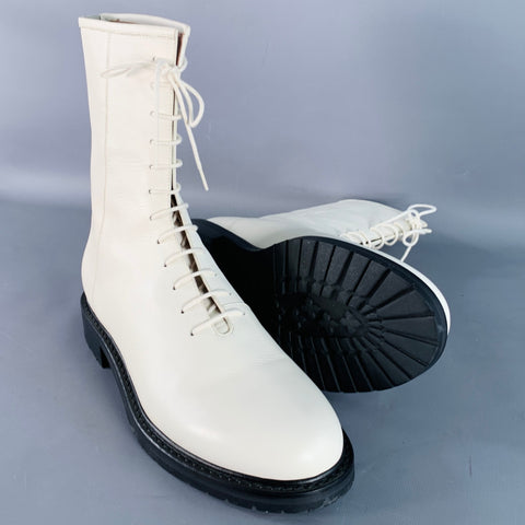 LEGRES Size 11 White Leathre Lace-Up Zipper Ankle Boots