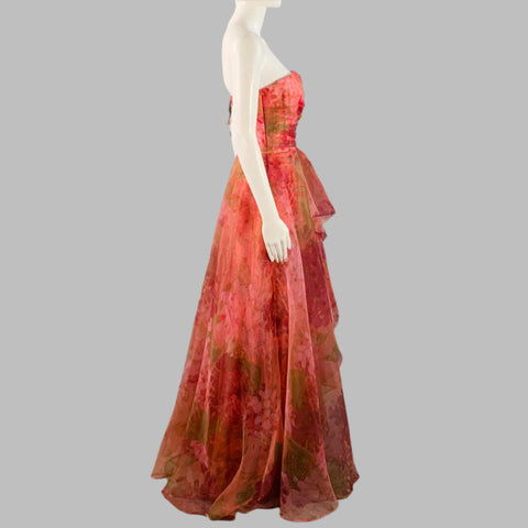 THEIA Size 2 Burgundy Polyester Abstract Floral Strapless Long Evening Gown