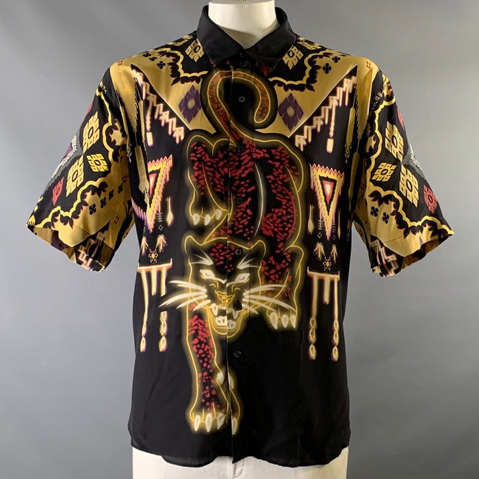 ETRO Size XL Black Gold Animals Silk Oversized Short Sleeve Shirt