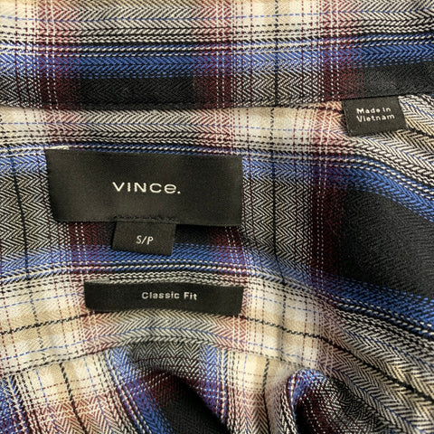 VINCE Size S Black Red Plaid Cotton Blend Spread Collar Long Sleeve Shirt