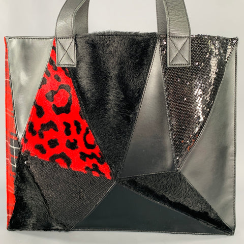 JUNYA WATANABE Black Red Mixed Materials Faux Fur Tote Handbag