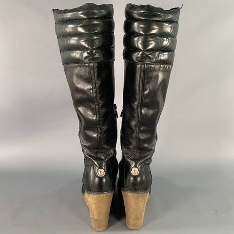 MONCLER Size 10 Black Brown Leather Knee High Crepe Sole Wedge Boots