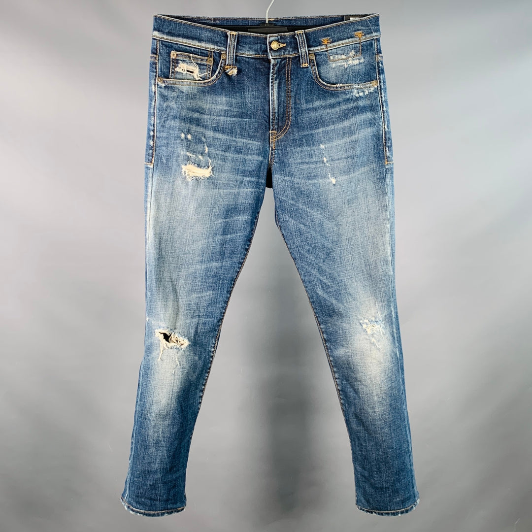 R13 SS15 Size 31 Blue Distressed Cotton Blend Slim Tapered Jeans