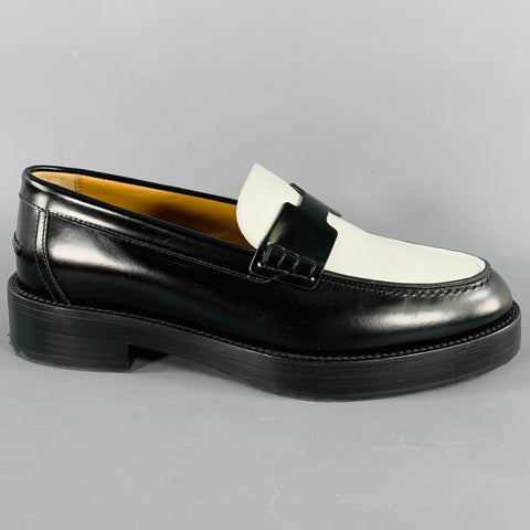 HERMES Size 7 Kennedy Black White Leather Color Block Penny Loafers Flats