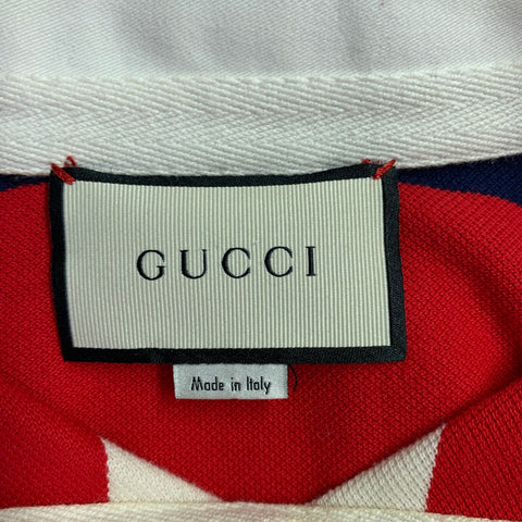 GUCCI Size M Cream Navy Red Stripe Dragon Applique Polo