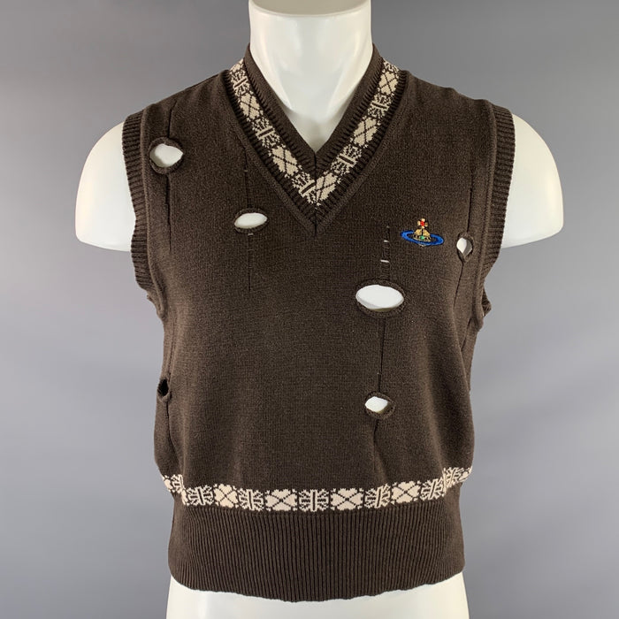 VIVIENNE WESTWOOD MAN Size S Brown Beige Knitted Cotton V Neck Vest