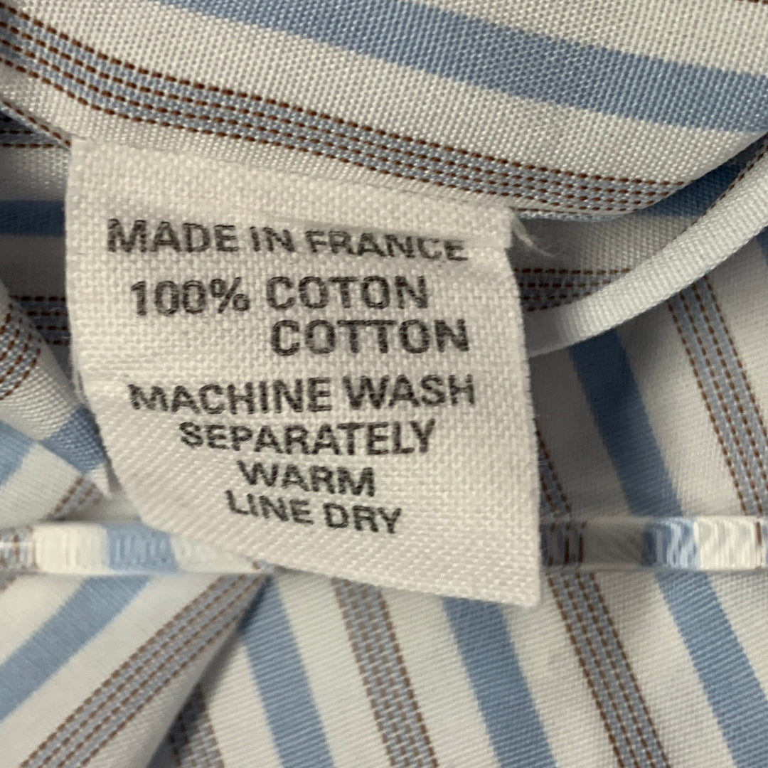CHARVET Size M White Blue Grey Stripe Cotton Curved Cutaway Long Sleeve Shirt