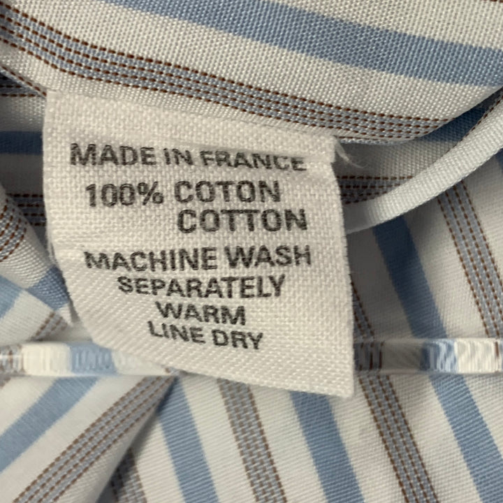 CHARVET Size M White Blue Grey Stripe Cotton Curved Cutaway Long Sleeve Shirt