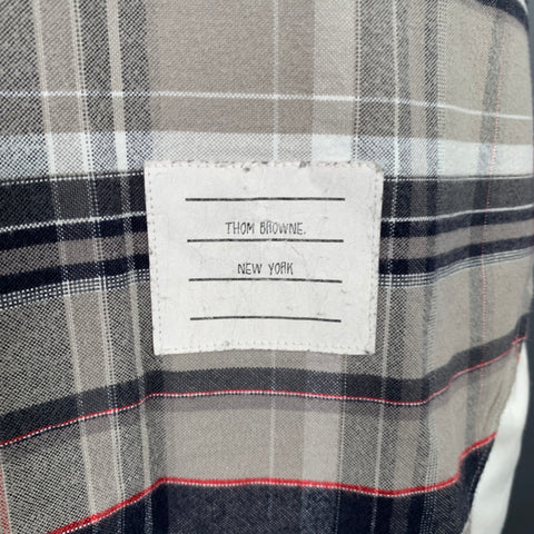 THOM BROWNE Size L Grey Taupe Plaid Cotton One pocket Long Sleeve Shirt