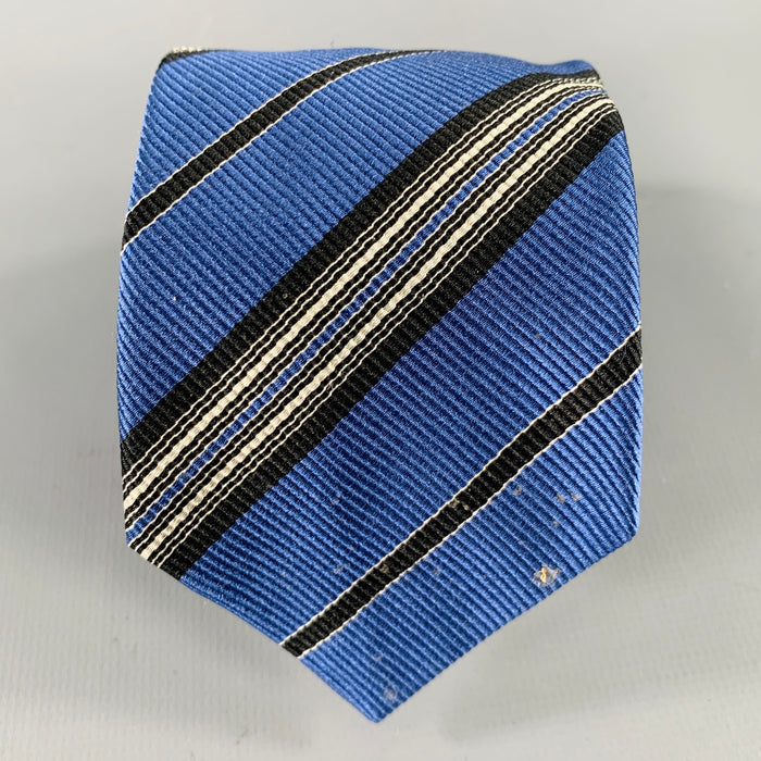 PRADA Blue Black White Diagonal Stripe Silk Tie