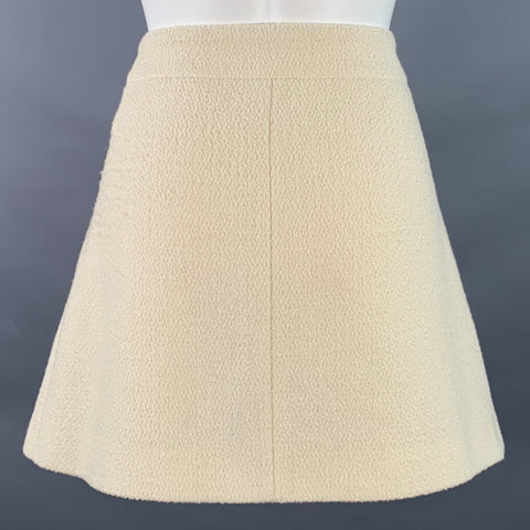 CELINE Size 8 Cream Wool Blend Boucle Two Pockets Snaps Mini Skirt