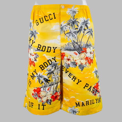 GUCCI Size 30 Yellow Multi Color Hawaiian Cotton Bermuda Shorts