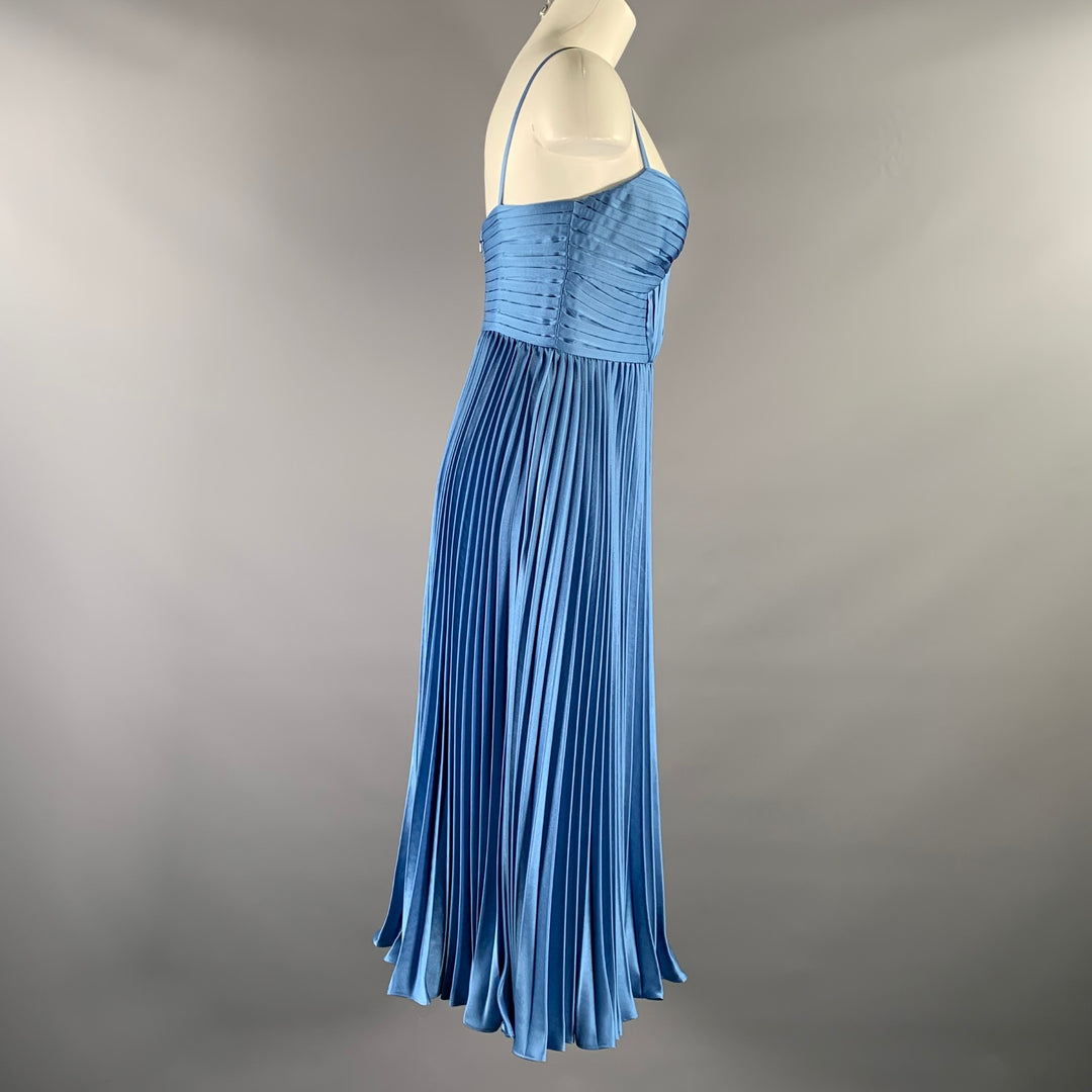 THEIA Size 2 Light Blue Polyester Pleated Spaghetti Straps Mid-Calf Dress
