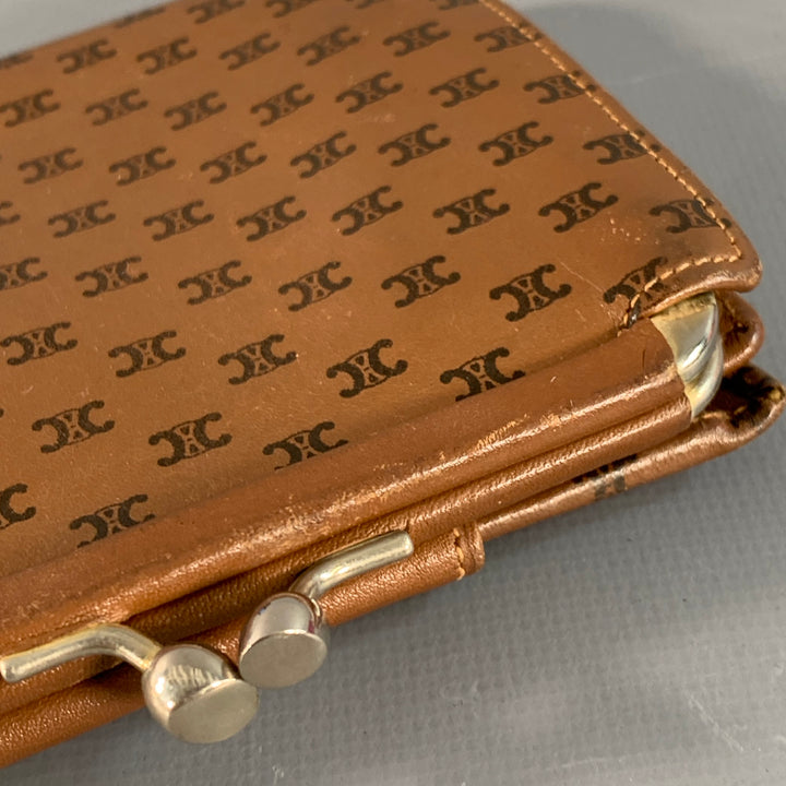 CELINE Vintage Brown Tan Logo Leather Kiss Lock Coin Purse Wallet