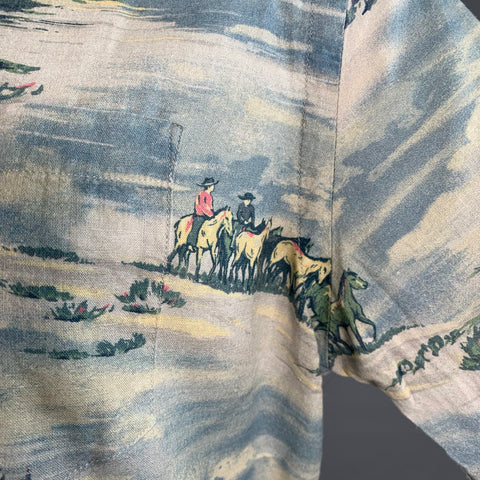 RRL by RALPH LAUREN Size M Blue Grey Yellow Cowboys Print Camp Short Sleeve Shirt