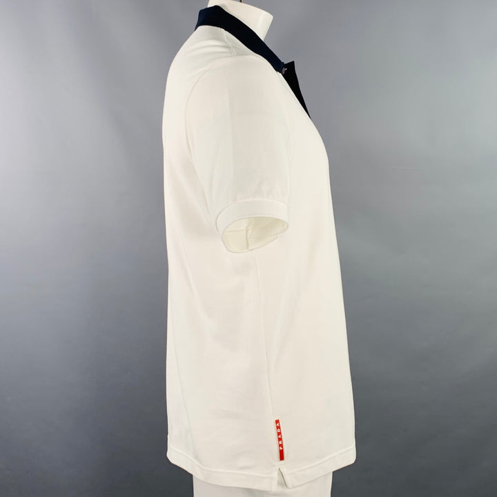 PRADA Size XXL White Navy Contrast Trim Cotton Pique Half Placket Polo