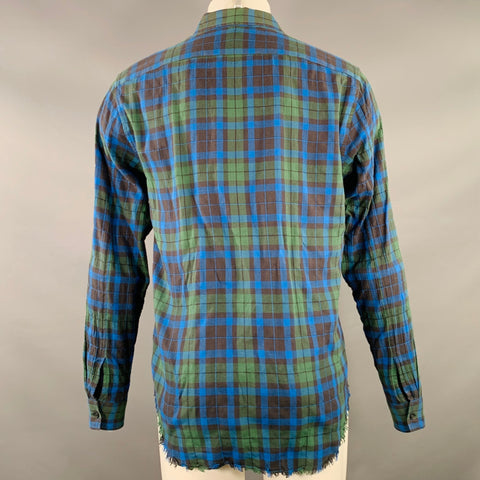 VINCE Size S Green Blue Plaid Cotton Blend Raw Edge Long Sleeve Shirt