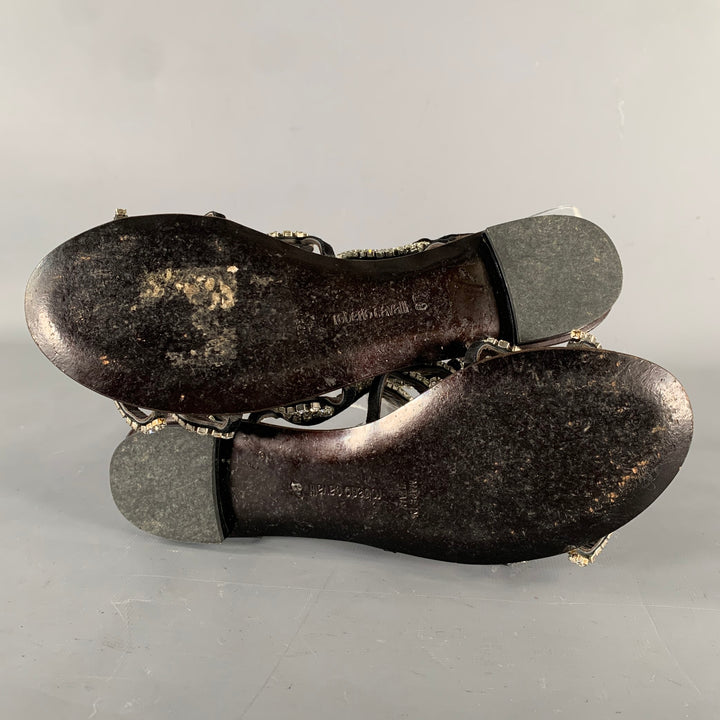 ROBERTO CAVALLI Size 7 Black Rhinestone Leather Gladiator Sandals