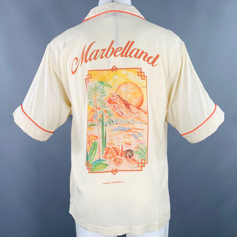 HOMIE'S MARBELLA Size M Marbelland Beige Orange Contrast Trim Viscose Short Sleeve Shirt