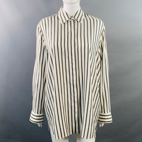 THE ROW Size S White Grey Silk Stripe Hidden Buttons Shirt