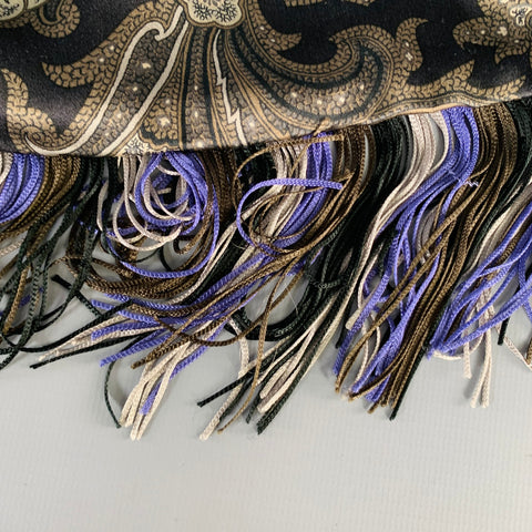 ETRO Grey Green Paisley Velvet Silk Fringe Scarf