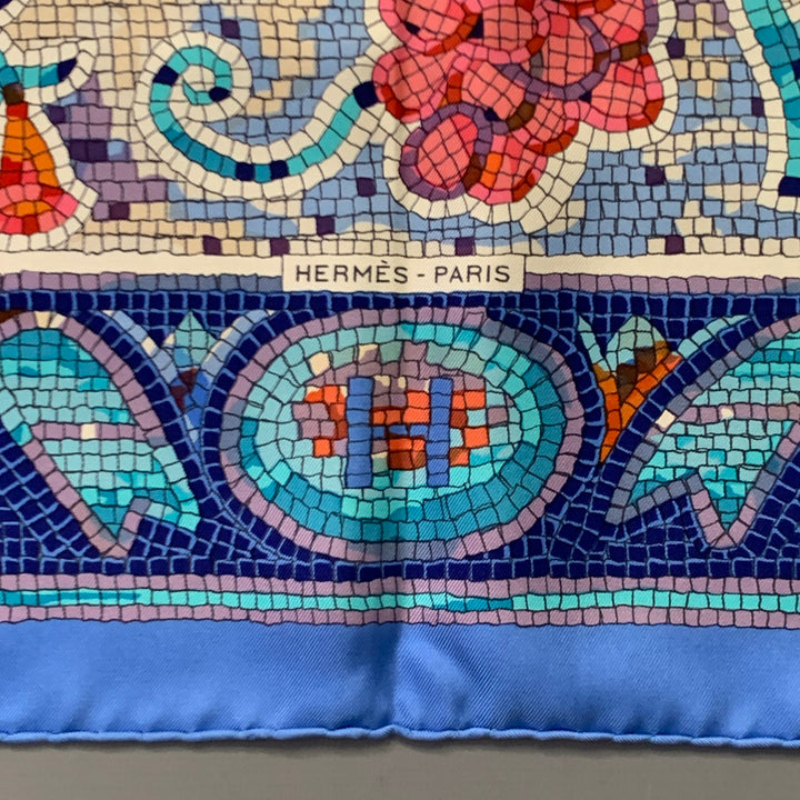 HERMES Pavement Blue Multi Color Mosaic Print Square Silk Scarf Shawl