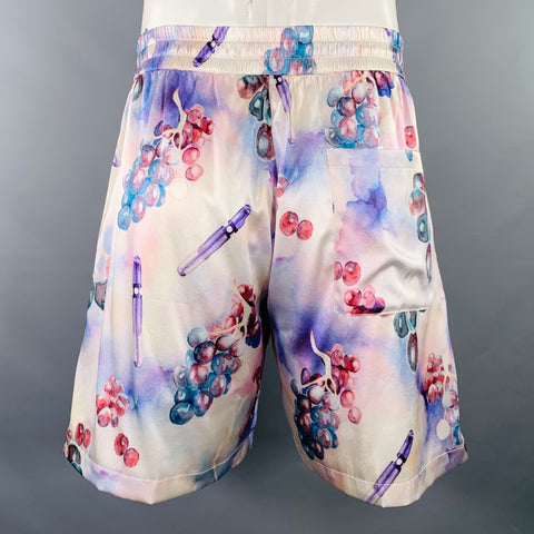 Shorts en soie NAHMIAS taille L, motif raisin Swishers, couleurs violet et crème, avec cordon de serrage, effet aquarelle