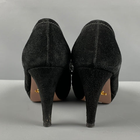 PRADA Size 5 Black Suede Bow Platform Pumps