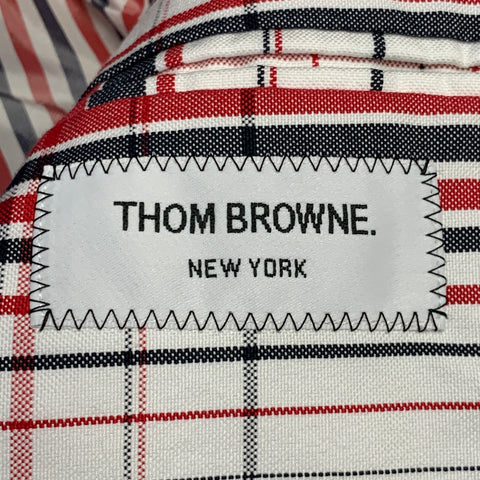 THOM BROWNE Size 42 Navy White Red Plaid Wool Mohair Silk Suit